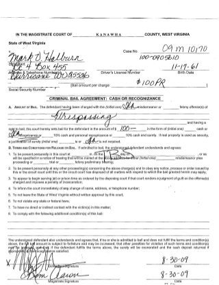 Criminal Complaint For Trespassing - The State of WV v. Mark Vance Halburn   09m-10170 8/30/2009