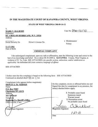 Criminal Complaint For Trespassing - The State of WV v. Mark Vance Halburn   09m-10170 8/30/2009