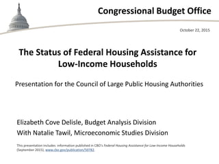 Congressional Budget Office
The Status of Federal Housing Assistance for
Low-Income Households
Presentation for the Council of Large Public Housing Authorities
October 22, 2015
Elizabeth Cove Delisle, Budget Analysis Division
With Natalie Tawil, Microeconomic Studies Division
This presentation includes information published in CBO's Federal Housing Assistance for Low-Income Households
(September 2015), www.cbo.gov/publication/50782.
 