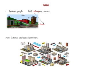 WHY?
- Because people built railways to connect
cities.
could travel faster.
Now, factories are located anywhere.
 