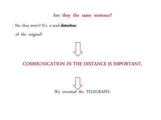 Are they the same sentence?
- No, they aren’t! It’s a mad distortion
of the original!
COMMUNICATION IN THE DISTANCE IS IMPORTANT.
We invented the TELEGRAPH.
 