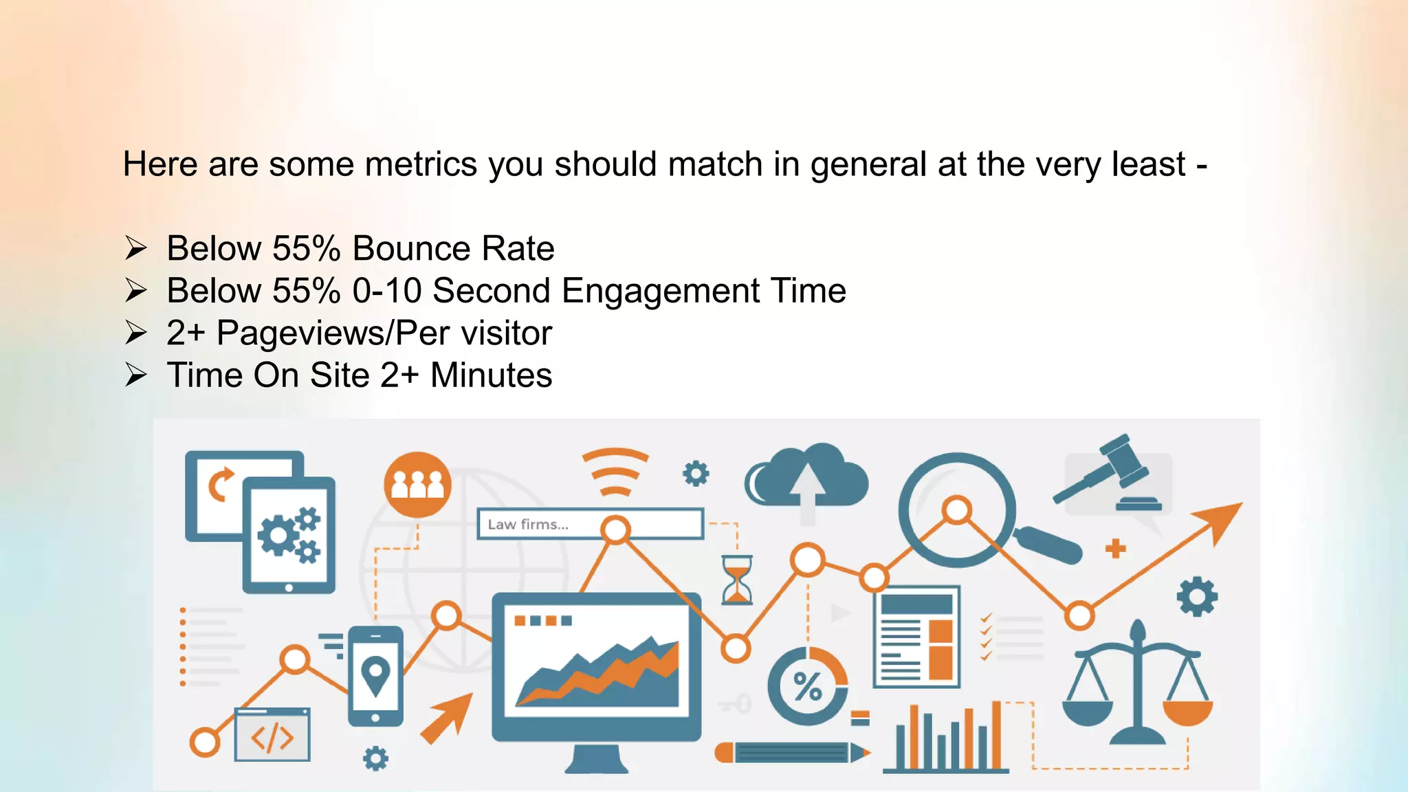 Here are some metrics you should match in general at the very least -
➢ Below 55% Bounce Rate
➢ Below 55% 0-10 Second Engagement Time
➢ 2+ Pageviews/Per visitor
➢ Time On Site 2+ Minutes
 