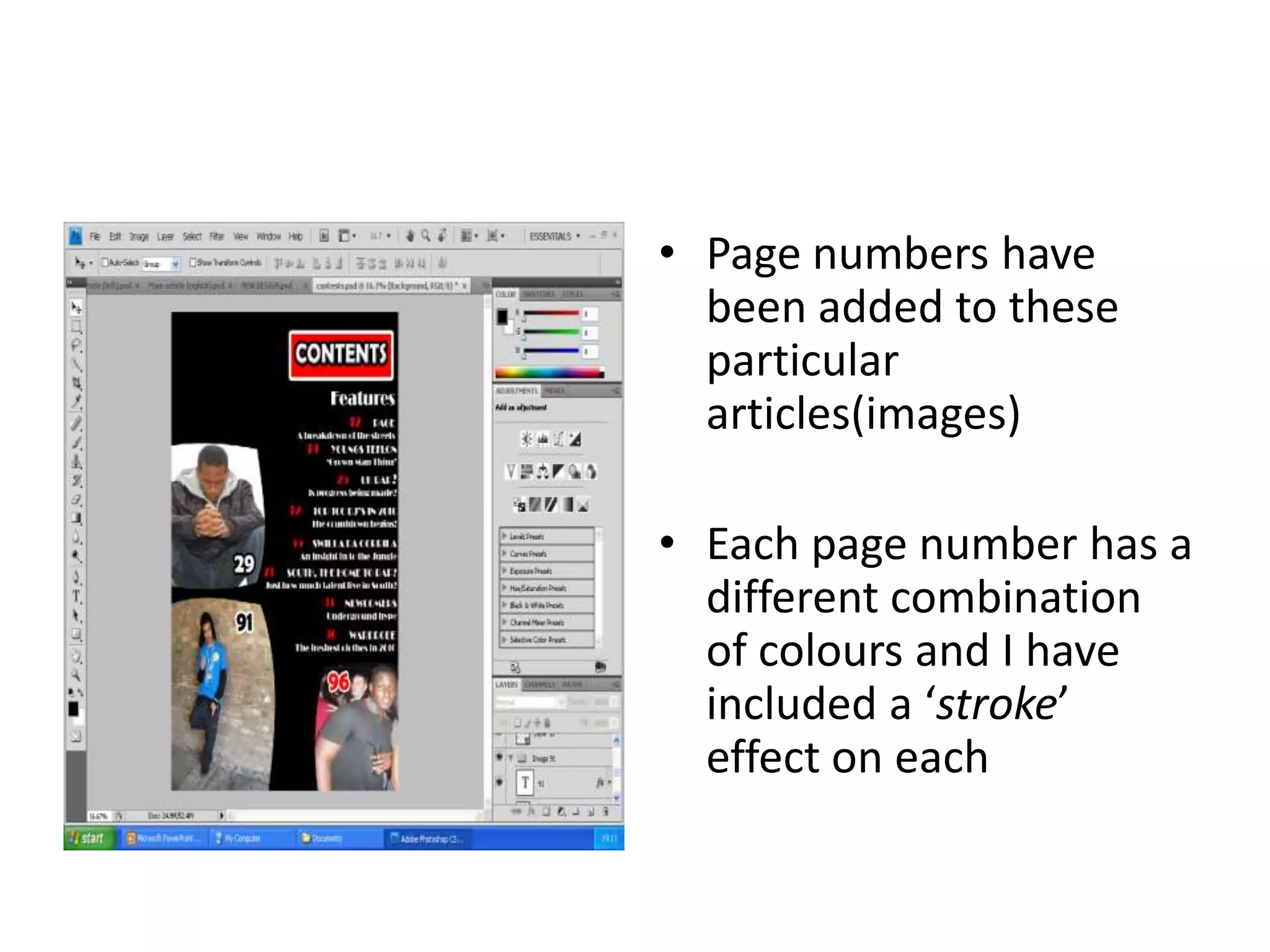 Page numbers have been added to these particular articles(images)Each page number has a different combination of colours and I have included a ‘stroke’ effect on each