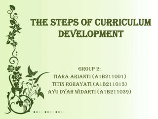 THE STEPS OF CURRICULUM
DEVELOPMENT

GROUP 2:
TIARA ARIANTI (A1B211001)
TITIN ROHAYATI (A1B211013)
AYU DYAH WIDARTI (A1B211039)

 
