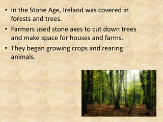 • In the Stone Age, Ireland was covered in
forests and trees.
• Farmers used stone axes to cut down trees
and make space for houses and farms.
• They began growing crops and rearing
animals.

 