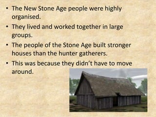 • The New Stone Age people were highly
organised.
• They lived and worked together in large
groups.
• The people of the Stone Age built stronger
houses than the hunter gatherers.
• This was because they didn’t have to move
around.

 