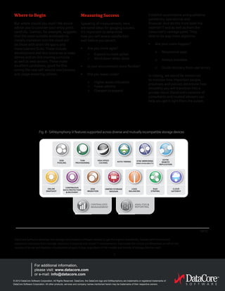 Where to Begin
But where should you start? We would
advise you to consider your entry point
carefully.  Gartner, for example, suggests
that the most suitable workloads to
initially transition into the cloud will
be those with short life spans and
more tolerant SLAs.These include
development and test scenarios or sales
demos and on-line training curricula
as well as web servers.These make
excellent candidates, good for fine
tuning the new self-service mechanisms
and usage metering utilities.
Measuring Success
Speaking of measurement, here
are some ideas for gauging success.
It’s important to determine
how you will assess satisfaction
well before you launch.
•	 Are you more agile?
	 >	 Expand to meet spikes	
>	 Wind down when done
•	 Is your environment more flexible?
•	 Did you lower costs?
	 >	 Higher asset utilization
>	 Fewer admins
>	 Cheaper to expand
About DataCore Software
DataCore Software develops the storage virtualization software needed to get the highest availability, fastest performance and
maximum utilization from storage resources in physical and virtual IT environments. It provides the critical 3rd dimension on which the
success of server and desktop virtualization projects hinge, regardless of the models and brands of storage devices used.
© 2012 DataCore Software Corporation. All Rights Reserved. DataCore, the DataCore logo and SANsymphony are trademarks or registered trademarks of
DataCore Software Corporation. All other products, services and company names mentioned herein may be trademarks of their respective owners.
For additional information,
please visit: www.datacore.com
or e-mail: info@datacore.com
0412
7
Establish quantitative and qualitative
yardsticks, operational and
financial. And do this from both the
internal IT end as well as from the
consumer’s vantage point.They
tend to be way more objective.
•	 Are your users happier?
	 o	 Responsive apps
	 o	 Always available
	 o	 Quick recovery from user errors
In closing, we would be remiss not
to mention how important people,
processes and policies determine how
smoothly you will transition into a
private cloud. DataCore’s network of
consultants and trusted advisors can
help you get it right from the outset.
Fig.8-SANsymphony-Vfeaturessupportedacrossdiverse andmutuallyincompatiblestoragedevices
ANALYSIS &
REPORTING
CENTRALIZED
MANAGEMENT
ASYNC
REMOTE
REPLICATION
THIN
PROVISIONING
DISK
POOLING
AUTO-TIERING
HIGH SPEED
CACHING
SYNC MIRRORING
(HIGH-AVAILABILITY)
UNIFIED STORAGE
NAS/SAN
ONLINE
SNAPSHOT
CONTINUOUS
DATA PROTECTION
& RECOVERY
DISK
MIGRATION
LOAD
BALANCING
RAID
STRIPING
CLOUD
GATEWAY
 