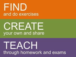 FIND 
and do exercises 
CREATE 
your own and share 
TEACH 
through homework and exams 
 