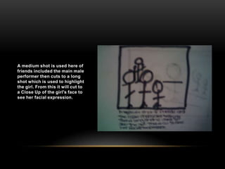 A medium shot is used here of friends included the main male performer then cuts to a long shot which is used to highlight the girl. From this it will cut to a Close Up of the girl's face to see her facial expression. 