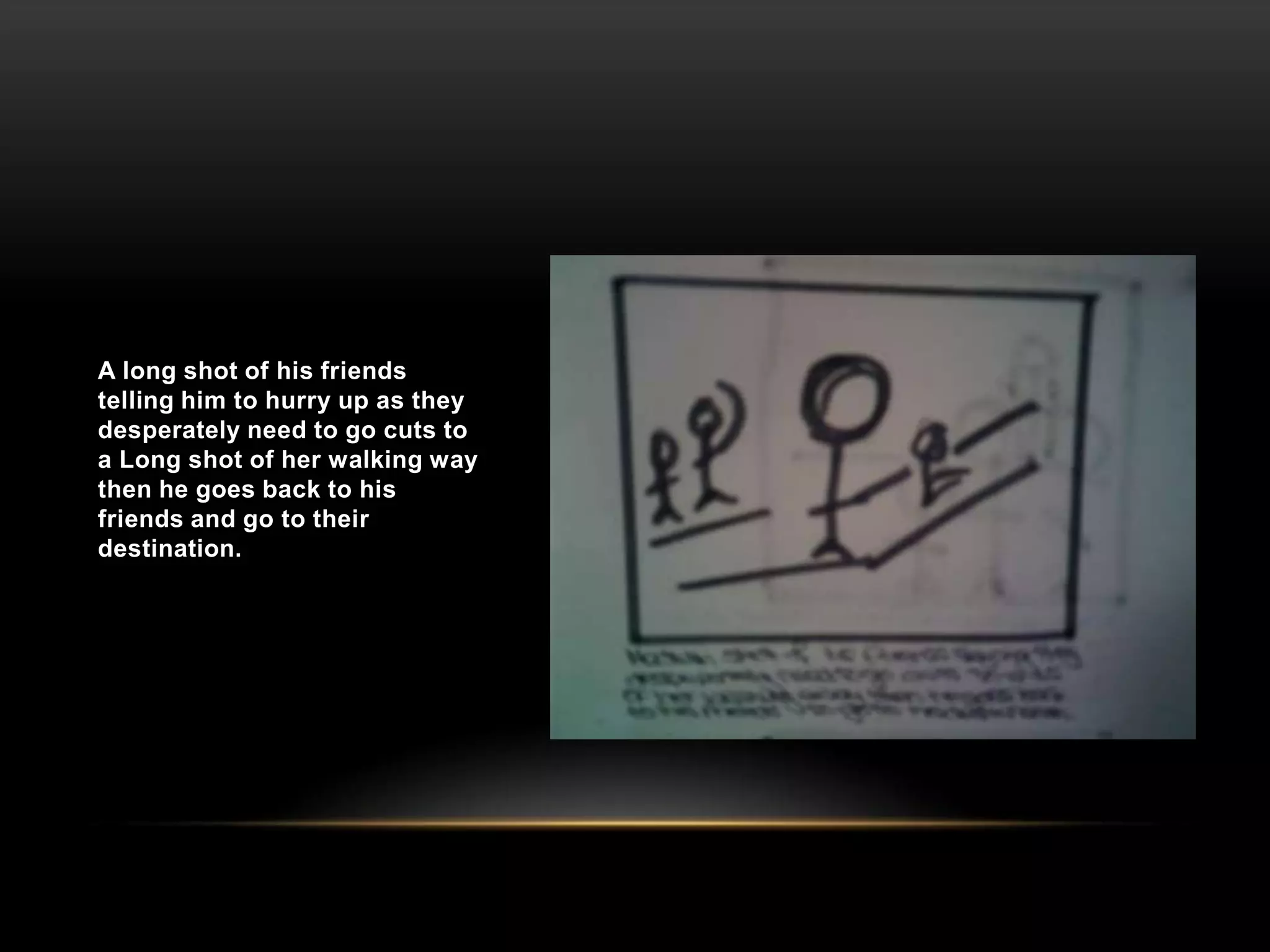 A long shot of his friends telling him to hurry up as they desperately need to go cuts to a Long shot of her walking way then he goes back to his friends and go to their destination.