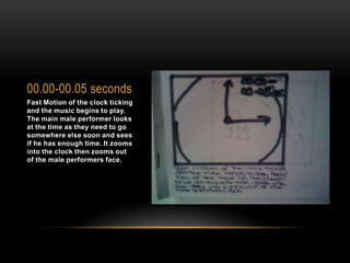 00.00-00.05 secondsFast Motion of the clock ticking and the music begins to play. The main male performer looks at the time as they need to go somewhere else soon and sees if he has enough time. It zooms into the clock then zooms out of the male performers face.