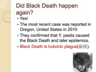 Did Black Death happen
again?
 Yes!
 The most recent case was reported in
  Oregon, United States in 2010
 They confirmed that Y. pestis caused
  the Black Death and later epidemics.
 Black Death is bubonic plague(鼠疫).
 