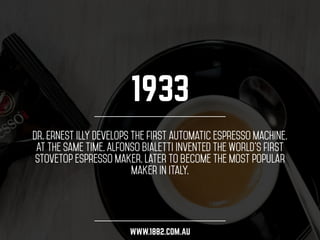 1933 
Dr. Ernest Illy develops the first automatic espresso machine. 
At the same time, Alfonso Bialetti invented the worl...