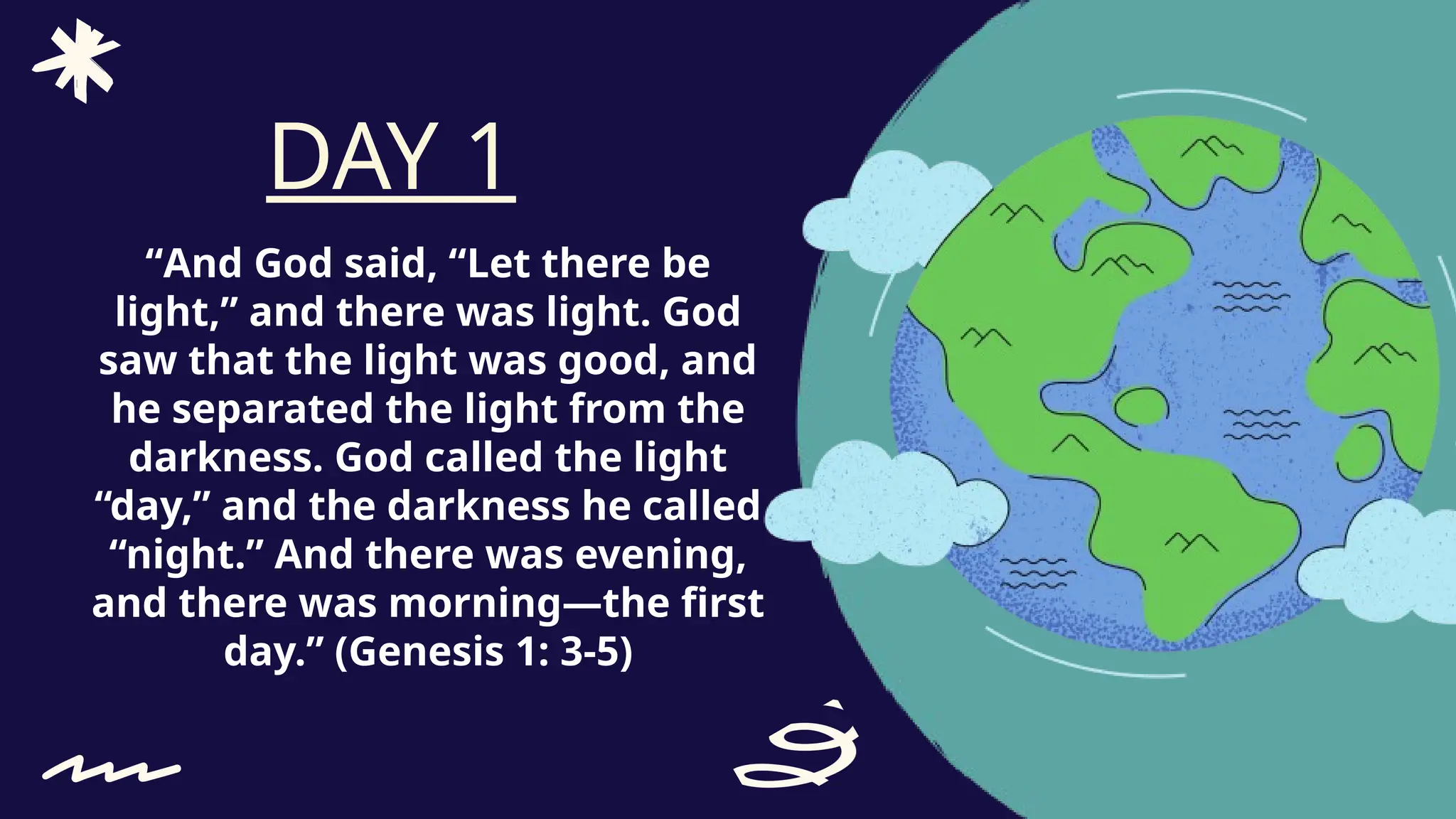 “And God said, “Let there be
light,” and there was light. God
saw that the light was good, and
he separated the light from the
darkness. God called the light
“day,” and the darkness he called
“night.” And there was evening,
and there was morning—the first
day.” (Genesis 1: 3-5)
DAY 1
 