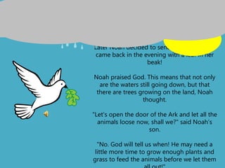 Later Noah decided to send out a dove. She
came back in the evening with a leaf in her
beak!
Noah praised God. This means that not only
are the waters still going down, but that
there are trees growing on the land, Noah
thought.
"Let's open the door of the Ark and let all the
animals loose now, shall we?" said Noah’s
son.
"No. God will tell us when! He may need a
little more time to grow enough plants and
grass to feed the animals before we let them
 