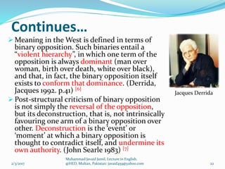 Continues
? Meaning in the West is defined in terms of
binary opposition. Such binaries entail a
violent hierarchy, in which one term of the
opposition is always dominant (man over
woman, birth over death, white over black),
and that, in fact, the binary opposition itself
exists to conform that dominance. (Derrida,
Jacques 1992. p.41) [6]
? Post-structural criticism of binary opposition
is not simply the reversal of the opposition,
but its deconstruction, that is, not intrinsically
favouring one arm of a binary opposition over
other. Deconstruction is the event or
moment at which a binary opposition is
thought to contradict itself, and undermine its
own authority. (John Searle 1983) [7]
Jacques Derrida
2/3/2017 22
Muhammad Javaid Jamil, Lecture in English.
@HED, Multan, Pakistan: javaid459@yahoo.com
 