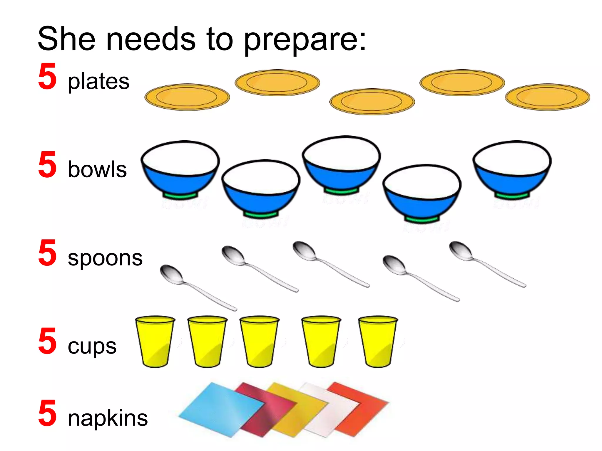 She needs to prepare:
5 plates
5 bowls
5 spoons
5 cups
5 napkins
 