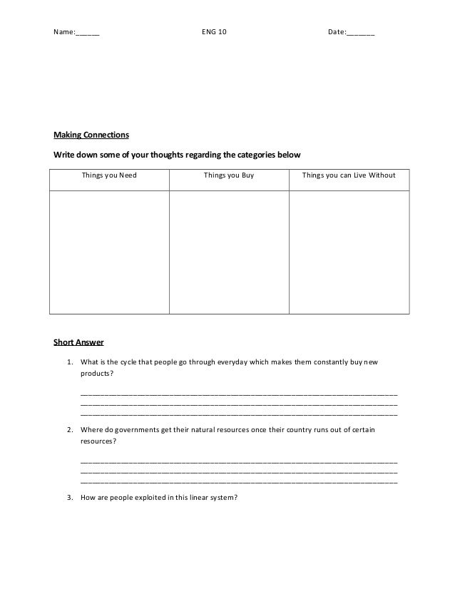 The Story Of Stuff Worksheet