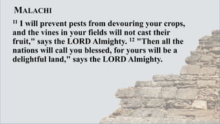 MALACHI
11 I will prevent pests from devouring your crops,
and the vines in your fields will not cast their
fruit," says the LORD Almighty. 12 "Then all the
nations will call you blessed, for yours will be a
delightful land," says the LORD Almighty.
 