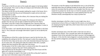 Theory’s Representation
Propps:
The heroes in the film are seen as the couple who appear to be being stalked
by some people. This is seen as they are trying to save themselves after being
attacked by the group.
The villains of the film are the people stalking the couple in the house, this is
because they look like they are just following the couple and are also seen
attacking them as well.
The dispatcher in this film are the villains, this is because they are making the
heroes fight for there lives.
The princess is the women of the couple, this is because she looks to be
weaker than the man and not able to defend herself from the villains.
The helper in this film is both of the protagonists this is because they are
helping each other to save themselves. The need to work together in order to
survive.
In this film trailer, I can’t identify who the donor, princesses father or the false
hero is. This is because not enough information is given to me to identify the
roles.
Todorov:
The equilibrium of the film is when the house is seen for the first time, this
establishes the setting for the film. The next part is when the couple are met
for the first time, they can be seen as the main characters because they have a
lot of screen time. The setting will make the audience feel safe, as people
believe that they should be safe inside their own house.
The disruption in the film is when there is a knock at the door, this spooks the
main characters, however they don’t think anything of it.
The recognition for the disruption is when they go into there house and the
lights are in and the record player is on.
There is no attempt to repair in the trailer to the film as they don’t wants to
give two much information away to the audience.
The women in the film appears to be behind the man in a lot of the film,
especially when they are walking through the house after just hearing a
noise, this connotes that the women is a lot weaker than the man and
needs him to protect her. As the man is in front he actually could be seen
as domineering as he may believe his is more powerful than her and
therefore should, stereotypically has a duty to protect her
Another stereotype in the film is that it is set at night time, this is
conventional to horror films as it makes the film scarier as normally people
are sleeping during the night time, which means that no one can hear if
something happens.
Another stereotype seen in this film trailer is that men are seen as
dominant over women. This is actually seen when the antagonists are
standing in front of the sofa which has what I assume is the protagonists
sitting on. In this shot the male antagonist is actually standing in-between
the two women antagonists connoting him as the dominant one in the
group.
 