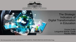 The Strategic
Indicators of
Digital Transformation
in Education
Gulyás Enikő
Lengyelné Molnár Tünde
Racsko Réka
http://www.grupoassa.com/wp-content/uploads/2016/10/DIGITAL-TRANSFORMATION-CENTER-960x319.jpg
 