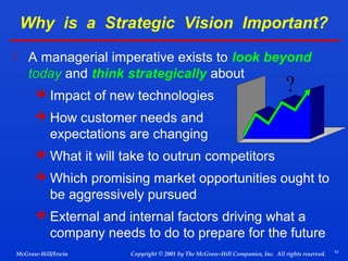Why is a Strategic Vision Important?
 A managerial imperative exists to look beyond

today and think strategically about
 Impact of new technologies

?

 How customer needs and

expectations are changing
 What it will take to outrun competitors
 Which promising market opportunities ought to

be aggressively pursued
 External and internal factors driving what a

company needs to do to prepare for the future
McGraw-Hill/Irwin

Copyright © 2001 by The McGraw-Hill Companies, Inc. All rights reserved.

10

 
