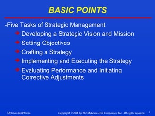 BASIC POINTS
-Five Tasks of Strategic Management
 Developing a Strategic Vision and Mission
 Setting Objectives
 Crafting a Strategy
 Implementing and Executing the Strategy
 Evaluating Performance and Initiating

Corrective Adjustments

McGraw-Hill/Irwin

Copyright © 2001 by The McGraw-Hill Companies, Inc. All rights reserved.

2

 