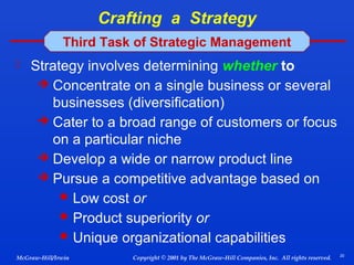 Crafting a Strategy
Third Task of Strategic Management
 Strategy involves determining whether to

Concentrate on a single business or several
businesses (diversification)
 Cater to a broad range of customers or focus
on a particular niche
 Develop a wide or narrow product line
 Pursue a competitive advantage based on
 Low cost or
 Product superiority or
 Unique organizational capabilities


McGraw-Hill/Irwin

Copyright © 2001 by The McGraw-Hill Companies, Inc. All rights reserved.

20

 