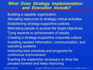 What Does Strategy Implementation
and Execution Include?










Building a capable organization
Allocating resources to strategy-critical activities
Establishing strategy-supportive policies
Motivating people to pursue the target objectives
Tying rewards to achievement of results
Creating a strategy-supportive corporate culture
Installing needed information, communication, and
operating systems
Instituting best practices and programs for
continuous improvement
Exerting the leadership necessary to drive the
process forward and keep improving

McGraw-Hill/Irwin

Copyright © 2001 by The McGraw-Hill Companies, Inc. All rights reserved.

29

 