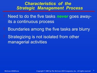 Characteristics of the
Strategic Management Process
 Need to do the five tasks never goes away-

its a continuous process
 Boundaries among the five tasks are blurry
 Strategizing is not isolated from other

managerial activities

McGraw-Hill/Irwin

Copyright © 2001 by The McGraw-Hill Companies, Inc. All rights reserved.

31

 