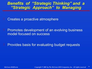 Benefits of “Strategic Thinking” and a
“Strategic Approach” to Managing
 Creates a proactive atmosphere
 Promotes development of an evolving business

model focused on success

 Provides basis for evaluating budget requests

McGraw-Hill/Irwin

Copyright © 2001 by The McGraw-Hill Companies, Inc. All rights reserved.

39

 