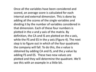 Once all the variables have been considered and
scored, an average score is calculated for each
internal and external dimension. This is done by
adding all the scores of the single variables and
dividing it by the number of variables considered in
that dimension. Each of these four numbers is
plotted in the x and y axis of the matrix. By
definition, the CA and IS are plotted on the x axis,
while the FS and ES in the y axis (Figure 4). The next
step is to figure out in which of the four quadrants
the company will fall. To do this, the x value is
obtained by adding CA and IS, and the y value by
adding FS and ES. These two new values are
plotted and they will determine the quadrant. We’ll
see this with an example in a little bit.
 