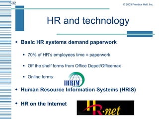 HR and technology <ul><li>Basic HR systems demand paperwork </li></ul><ul><ul><li>70% of HR’s employees time = paperwork <...