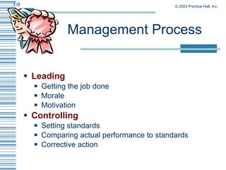 Management Process <ul><li>Leading </li></ul><ul><ul><li>Getting the job done </li></ul></ul><ul><ul><li>Morale </li></ul>...