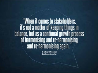 “Whenitcomestostakeholders,
it’snotamatterofkeepingthingsin
balance,butasacontinualgrowthprocess
ofharmonisingandre-harmonising
andre-harmonisingagain.”
R. Edward Freeman
Business theorist
 