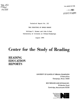 So. YL
1)0,/                                                                                THE LIBRARY OF. THE


                                                                                            S;i11984
                                                                                             0
                                                                                    UNIVERSITY ^ OF ILLINOIS
                                                                                     '".r   Mo ,i"t ^ /OI ! ..
                                                                                              n l
                                                                                            t n         .




                          Technical Report No.   321


                        THE STRUCTURE OF HUMAN MEMORY


                     William F. Brewer and John R.Pani
                University of Illinois at Urbana-Champaign


                                 August 1984




         Center for the Study of Reading
         READING
         EDUCATION
         REPORTS


                                  UNIVERSITY OF ILLINOIS AT URBANA-CHAMPAIGN
                                                                   51 Gerty Drive
                                                         Champaign, Illinois 61820


                                                 BOLT BERANEK AND NEWMAN INC.
                                                                 50 Moulton Street
                                                   Cambridge, Massachusetts 02238



                                                          The National
                                                            Institute of
                                                             Education
                                                               U.S. Department of
                                                                       Educatior
                                                           Washington. D.C. 2020(
 
