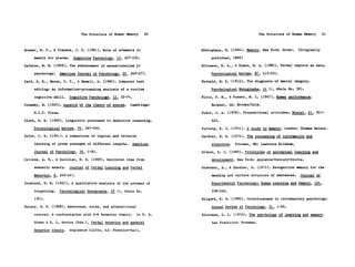 The Structure of Human Memory       60                                    The Structure of Human Memory     61


Brewer, W. F., & Treyens, J. C. (1981). Role of schemata in               Ebbinghaus, H. (1964). Memory. New York: Dover.    (Originally

     memory for places.    Cognitive Psychology, 13, 207-230.                  published, 1885)

Calkins, M. W. (1909). The abandonment of sensationalism in               Ericsson, K. A., & Simon, H. A. (1980). Verbal reports as data.

     psychology.     American Journal of Psychology, 20, 269-277.              Psychological Review, 87, 215-251.

Card, S. K., Moran, T. P., & Newell, A. (1980). Computer text             Fernald, M. R. (1912). The diagnosis of mental imagery.

     editing: An information-processing analysis of a routine                  Psychological Monographs, 14 (1, Whole No. 58).

     cognitive skill.     Cognitive Psychology, 12, 32-74.                Fitts, P. M., & Posner, M. I. (1967). Human performance.

Chomsky, N. (1965). Aspects of the theory of syntax.     Cambridge:            Belmont, CA: Brooks/Cole.

     M.I.T. Press.                                                        Fodor, J. A. (1978). Propositional attitudes. Monist, 61, 501-

Clark, H. H. (1969). Linguistic processes in deductive reasoning.              523.

     Psychological Review, 76, 387-404.                                   Furlong, E. J. (1951). A study in memory. London: Thomas Nelson.

Cofer, C. N. (1941). A comparison of logical and verbatim                 Gardner, W. R. (1974). The processing of information and

     learning of prose passages of different lengths.        American          structure.   Potomac, MD: Lawrence Erlbaum.

     Journal of Psychology, 54, 1-20.                                     Gibson, E. J. (1969). Principles of perceptual learning and

Collins, A. M., & Quillian, M. R. (1969). Retrieval time from                  development. New York: Appleton-Century-Crofts.

     semantic memory.     Journal of Verbal Learning and Verbal           Graesser, A., & Mandler, G. (1975). Recognition memory for the

     Behavior, 8, 240-247.                                                     meaning and surface structure of sentences.    Journal of

Crosland, H. R. (1921). A qualitative analysis of the process of               Experimental Psychology: Human Learning and Memory, 104,

     forgetting.     Psychological Monographs, 29 (1, Whole No.                238-248.

     130).                                                                Hilgard, E. R. (1980). Consciousness in contemporary psychology.

Dulany, D. E. (1968). Awareness, rules, and propositional                      Annual Review of Psychology, 31, 1-26.

     control: A confrontation with S-R behavior theory.        In T. D.   Hintzman, D. L. (1978). The psychology of learning and memory.

     Dixon & D. L. Horton (Eds.), Verbal behavior and general                  San Francisco: Freeman.

     behavior theory.     Englewood Cliffs, NJ: Prentice-Hall.
 
