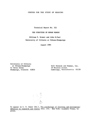CENTER FOR THE STUDY        OF READING




                         Technical Report No. 321

                       THE STRUCTURE OF HUMAN MEMORY


                    William F. Brewer and John R.Pani
                University of Illinois at Urbana-Champaign


                                August 1984




University of Illinois
  at Urbana-Champaign                         Bolt Beranek and Newman, Inc.
51 Gerty Drive                                10 Moulton Street
Champaign, Illinois 61820                     Cambridge, Massachusetts 02238




To appear in G. H. Bower (Ed.), The psychology of learning and motivation:
Advances in research and theory (Vol. 17).  New York: Academic Press, in
press.
 