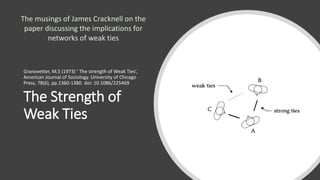 The Strength of
Weak Ties
Granovetter, M.S (1973) ‘ The strength of Weak Ties’,
American Journal of Sociology. University of Chicago
Press, 78(6), pp.1360-1380. doi: 10.1086/225469
The musings of James Cracknell on the
paper discussing the implications for
networks of weak ties
 