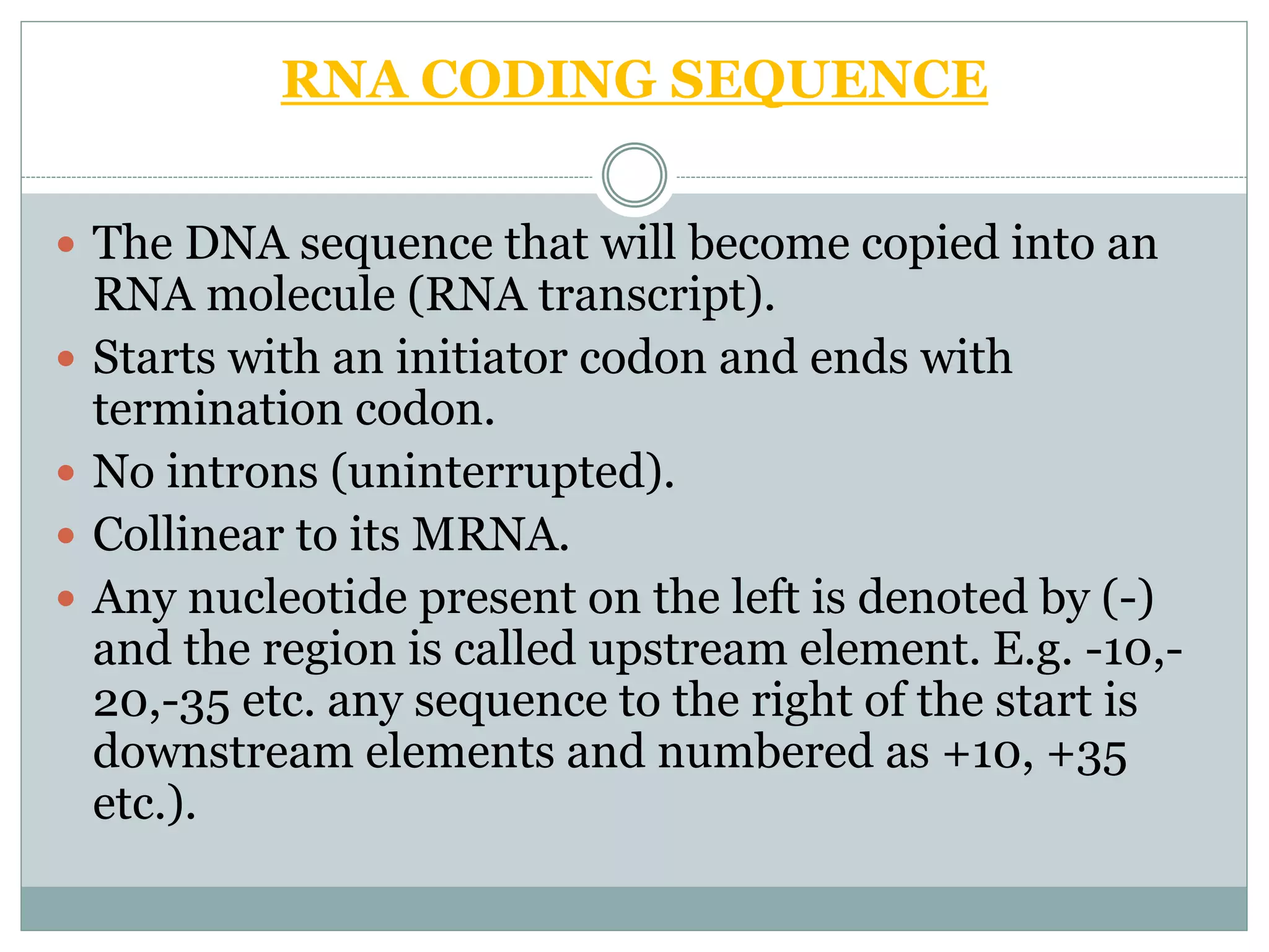 RNA CODING SEQUENCE
 The DNA sequence that will become copied into an
RNA molecule (RNA transcript).
 Starts with an initiator codon and ends with
termination codon.
 No introns (uninterrupted).
 Collinear to its MRNA.
 Any nucleotide present on the left is denoted by (-)
and the region is called upstream element. E.g. -10,-
20,-35 etc. any sequence to the right of the start is
downstream elements and numbered as +10, +35
etc.).
 