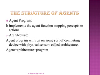 THE STRUCTURE OF AGENTSAgent Program:It implements the agent function mapping percepts to actionsArchitecture:Agent program will run on some sort of computing device with physical sensors called architecture.Agent=architecture+programK.MAHALAKSHMI.,AP/CSE