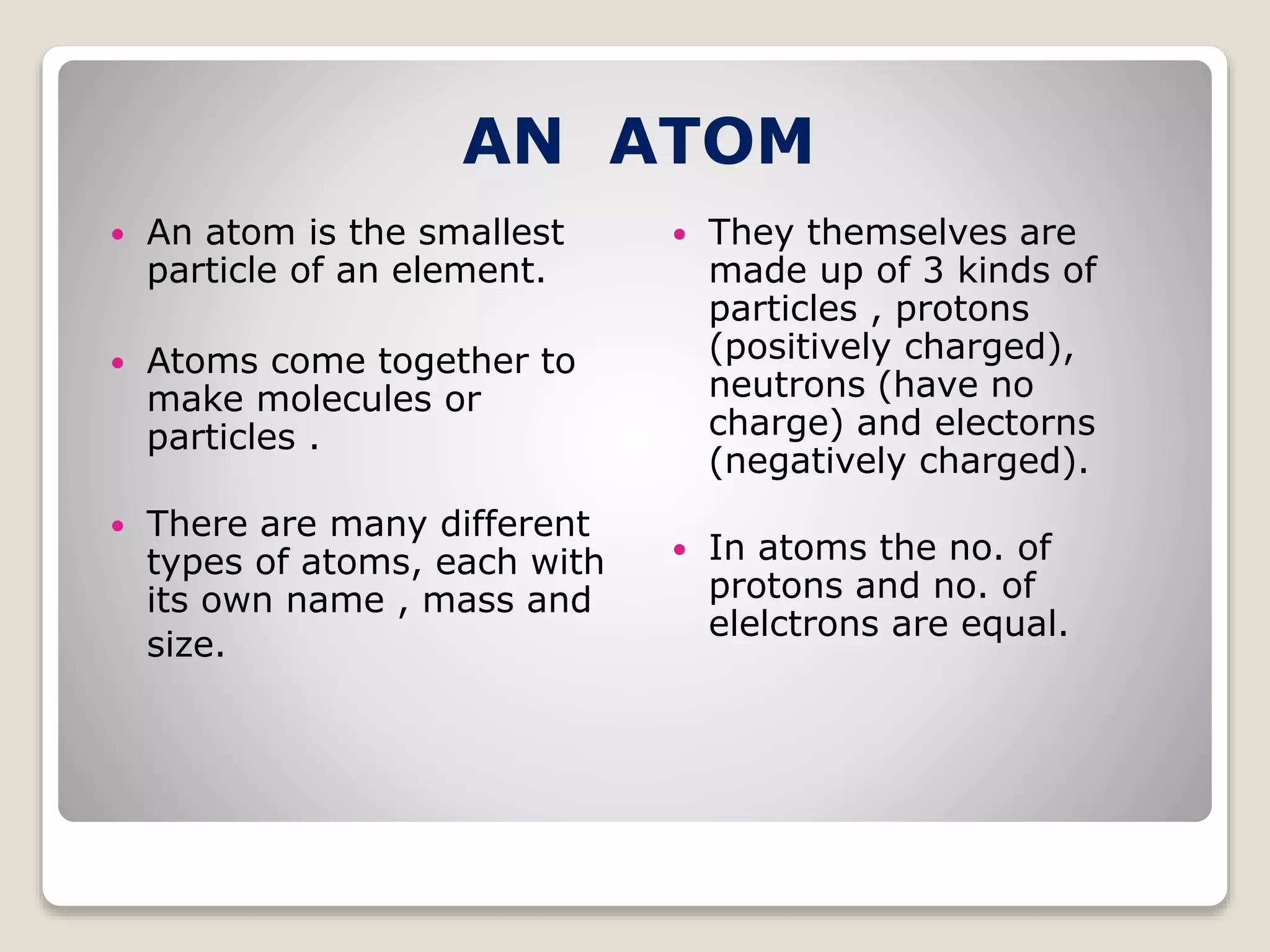AN ATOM
 An atom is the smallest
particle of an element.
 Atoms come together to
make molecules or
particles .
 There are many different
types of atoms, each with
its own name , mass and
size.
 They themselves are
made up of 3 kinds of
particles , protons
(positively charged),
neutrons (have no
charge) and electorns
(negatively charged).
 In atoms the no. of
protons and no. of
elelctrons are equal.
 