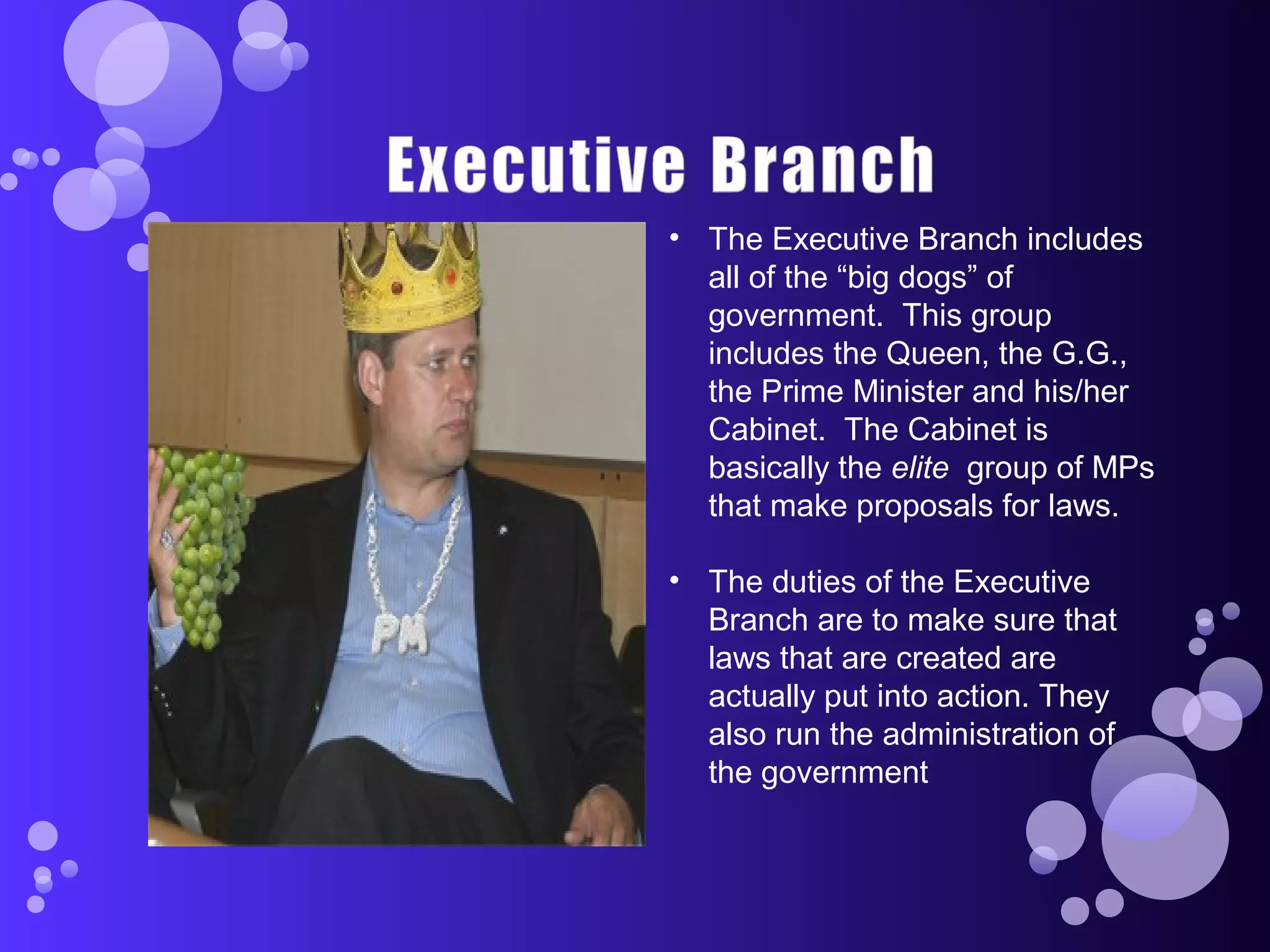 • The Executive Branch includes
all of the “big dogs” of
government. This group
includes the Queen, the G.G.,
the Prime Minister and his/her
Cabinet. The Cabinet is
basically the elite group of MPs
that make proposals for laws.
• The duties of the Executive
Branch are to make sure that
laws that are created are
actually put into action. They
also run the administration of
the government
 