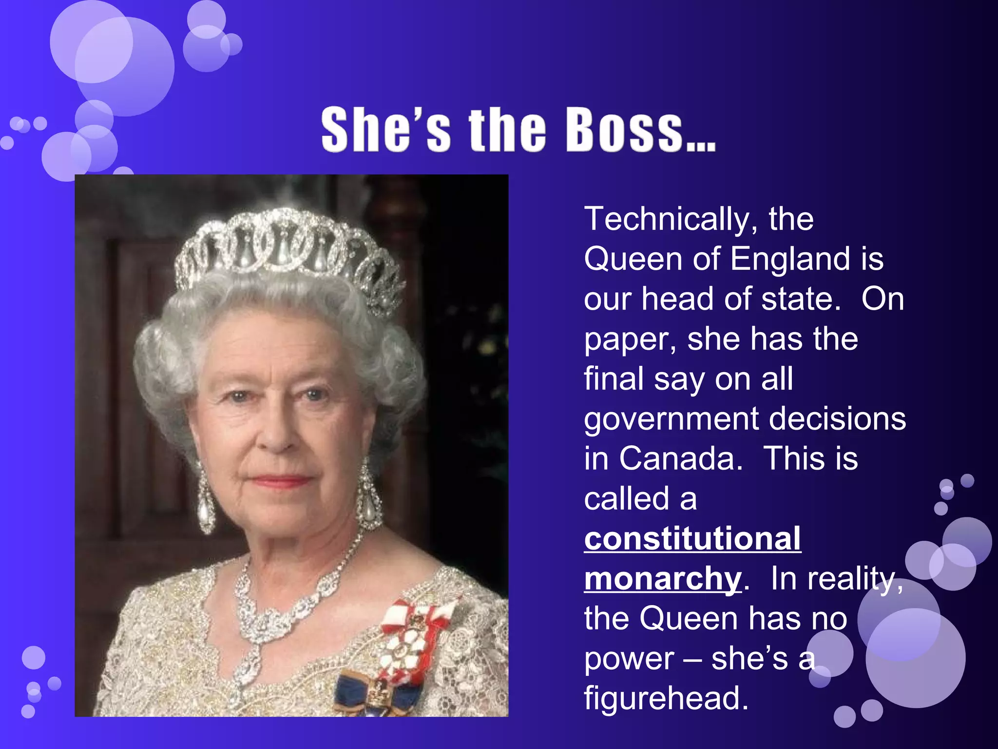 Technically, the
Queen of England is
our head of state. On
paper, she has the
final say on all
government decisions
in Canada. This is
called a
constitutional
monarchy. In reality,
the Queen has no
power – she’s a
figurehead.
 