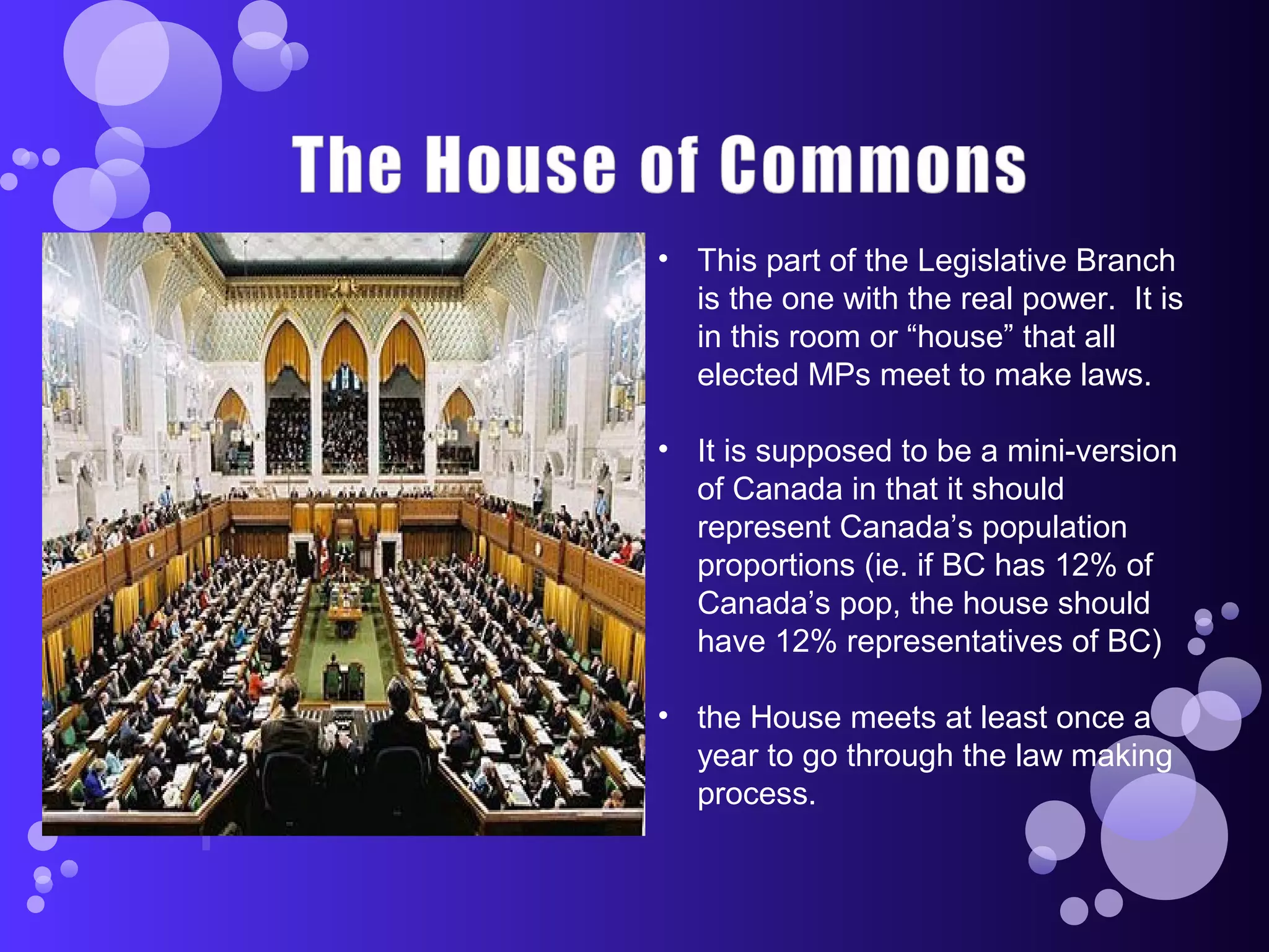 • This part of the Legislative Branch
is the one with the real power. It is
in this room or “house” that all
elected MPs meet to make laws.
• It is supposed to be a mini-version
of Canada in that it should
represent Canada’s population
proportions (ie. if BC has 12% of
Canada’s pop, the house should
have 12% representatives of BC)
• the House meets at least once a
year to go through the law making
process.
 