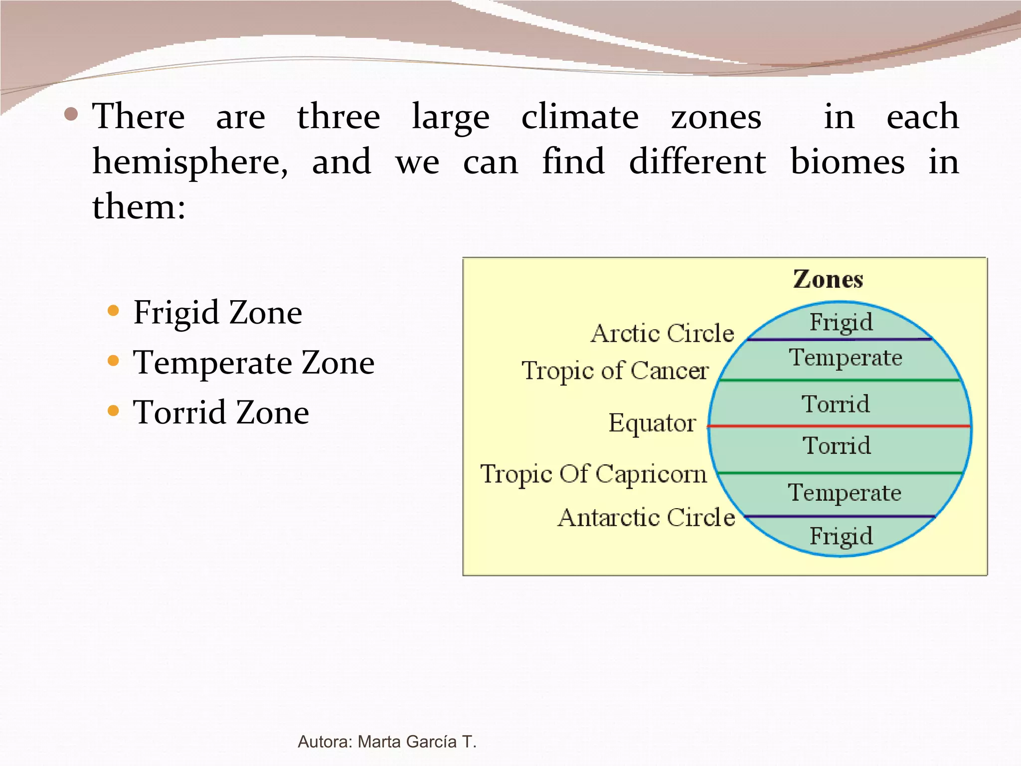 There are three large climate zones  in each hemisphere, and we can find different biomes in them: Frigid Zone Temperate Zone Torrid Zone Autora: Marta García T. 
