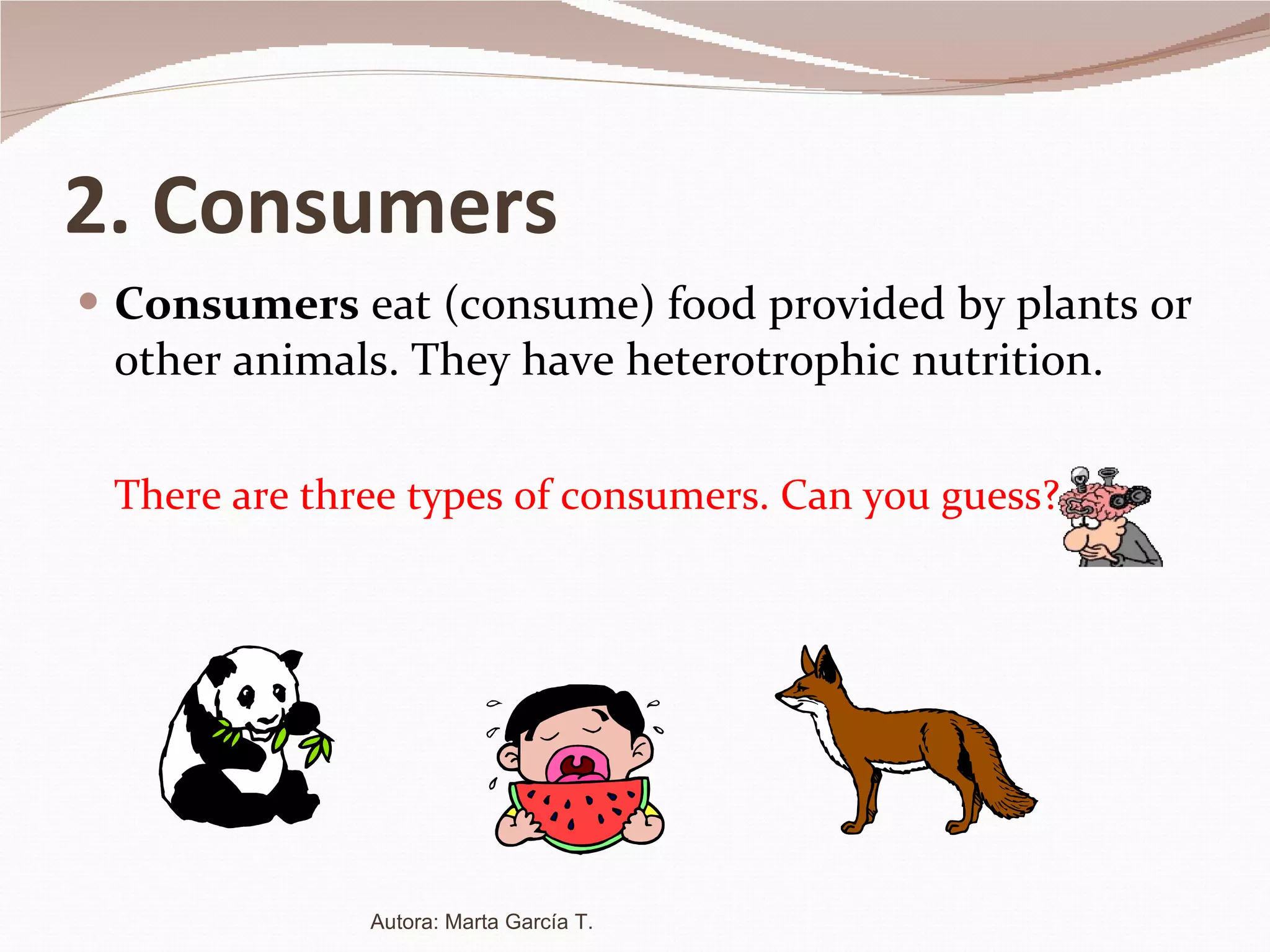 2. Consumers Consumers  eat (consume) food provided by plants or other animals. They have heterotrophic nutrition.  There are three types of consumers. Can you guess? Autora: Marta García T. 