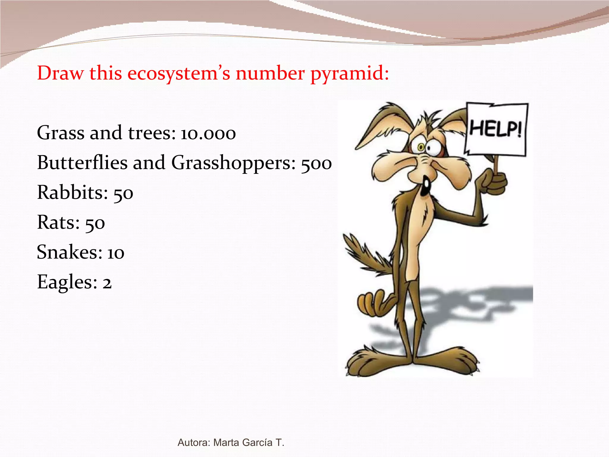 Draw this ecosystem’s number pyramid: Grass and trees: 10.000 Butterflies and Grasshoppers: 500 Rabbits: 50 Rats: 50 Snakes: 10 Eagles: 2 Autora: Marta García T. 