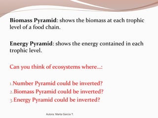 Biomass Pyramid: shows the biomass at each trophic
level of a food chain.
Energy Pyramid: shows the energy contained in each
trophic level.
Can you think of ecosystems where…:
1.Number Pyramid could be inverted?
2.Biomass Pyramid could be inverted?
3.Energy Pyramid could be inverted?
Autora: Marta García T.
 