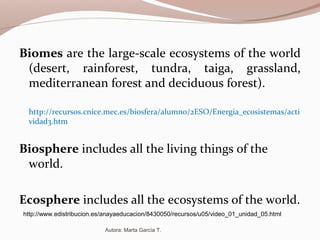 Biomes are the large-scale ecosystems of the world
(desert, rainforest, tundra, taiga, grassland,
mediterranean forest and deciduous forest).
http://recursos.cnice.mec.es/biosfera/alumno/2ESO/Energia_ecosistemas/acti
vidad3.htm
Biosphere includes all the living things of the
world.
Ecosphere includes all the ecosystems of the world.
Autora: Marta García T.
http://www.edistribucion.es/anayaeducacion/8430050/recursos/u05/video_01_unidad_05.html
 